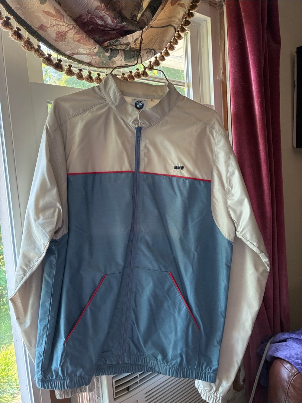 Vintage BMW Men's Light Blue and White Windbreaker with Red Trim